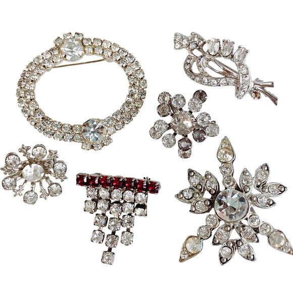 VTG Lot Of 6 Brooches Mid Century Rhinestone Silver Tone 1950s 1960s - Picture 1 of 11